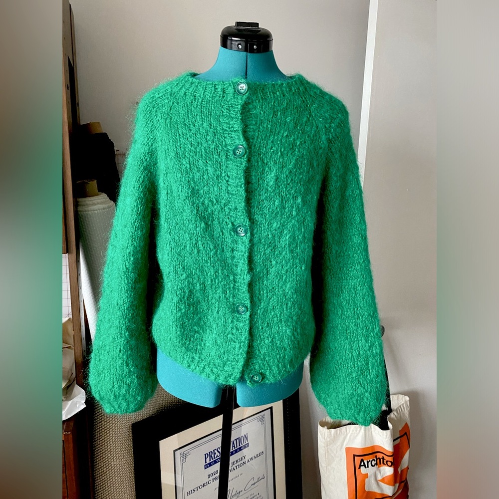 Handmade hand knit green mohair cardigan